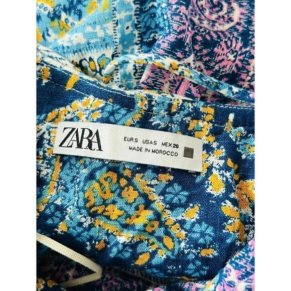 Zara Women Midi Dress S Multicolor Paisley Smocked Linen blend Slit NWOT - Picture 11 of 11